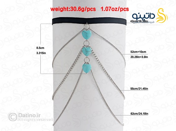 عکس زنجیر ران زنانه طرح نگین فیروزه مدل قلب سه تایی 20156 - انواع مدل زنجیر ران زنانه طرح نگین فیروزه مدل قلب سه تایی 20156